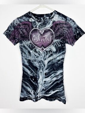 Sinful By Affliction T Shirt Size Small Heart Wings Cross Graphic Y2K Vintage
